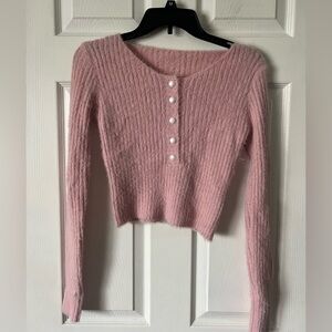 Shein Women’s Pink Ribbed Long Sleeve Sweater with Pearl Buttons